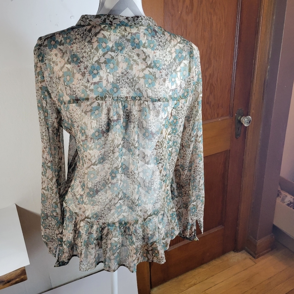 Zara Lace up Semi sheer Floral Long sleeve top Ruffled bottom Size Large - Picture 5 of 8